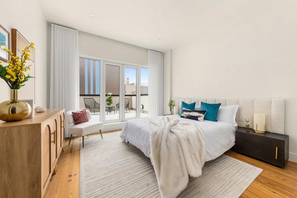 Bedroom, Interior, Recessed Lighting, Wood Texture Flooring