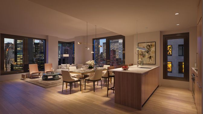 Dining room, Interior, Living room, Pendant Lights, Recessed Lighting, Wood Texture Flooring