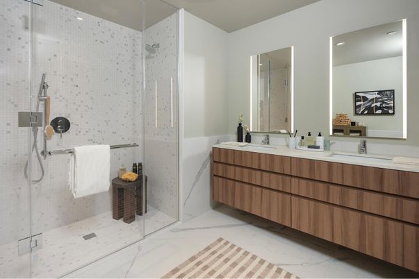 Bathroom, Dual Sink Vanities, Interior, Marble, Recessed Lighting