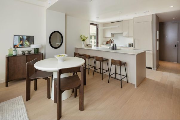 Dining room, Interior, Kitchen, Pendant Lights, Recessed Lighting, Wood Texture Flooring