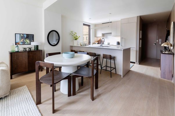 Dining room, Interior, Kitchen, Pendant Lights, Wood Texture Flooring