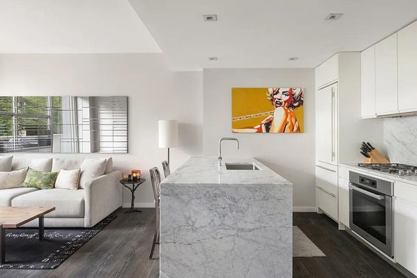 Interior, Kitchen, Marble Walls, Stainless Steel Appliances, Wood Texture Flooring
