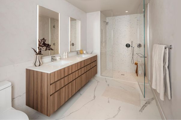 Bathroom, Dual Sink Vanities, Glass Shower, Interior, Marble, Recessed Lighting