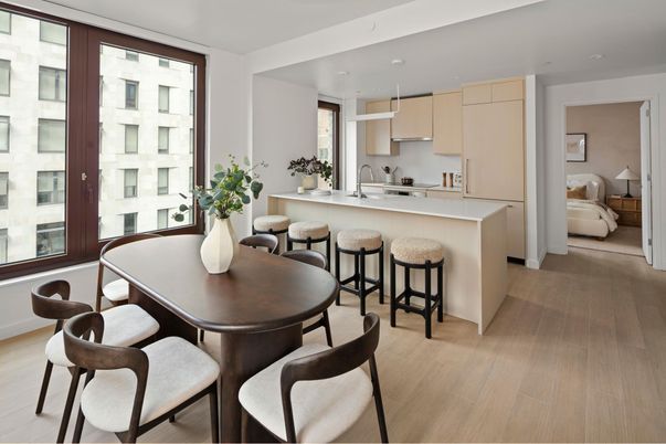 Dining room, Interior, Kitchen, Pendant Lights, Recessed Lighting, Wood Texture Flooring