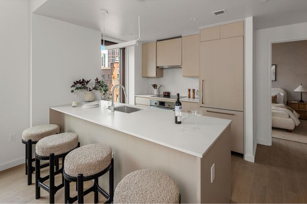 Bedroom, Interior, Kitchen, Pendant Lights, Recessed Lighting, Wood Texture Flooring