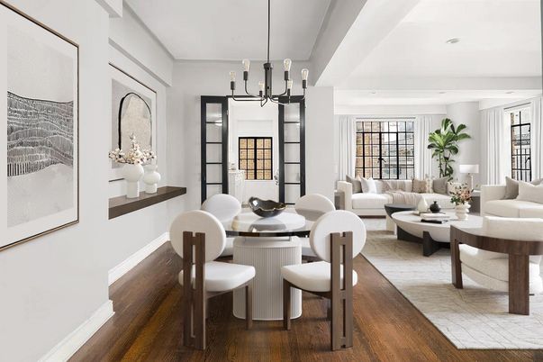 Chandelier, Dining room, Interior, Living room, Recessed Lighting, Wood Texture Flooring