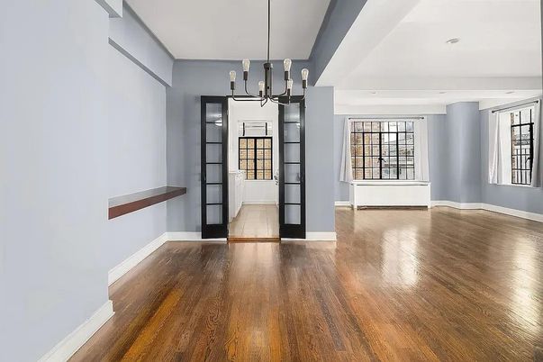 Chandelier, Empty room, Interior, Pendant Lights, Recessed Lighting, Wood Texture Flooring