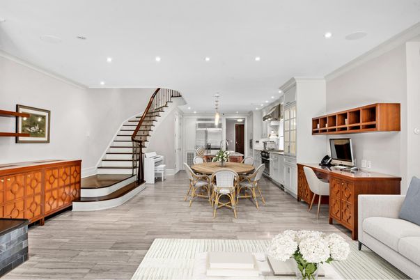 Dining room, Interior, Kitchen, Pendant Lights, Recessed Lighting, Wood Texture Flooring