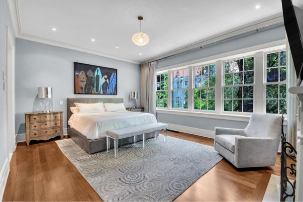 Bedroom, Interior, Pendant Lights, Recessed Lighting, Wood Texture Flooring