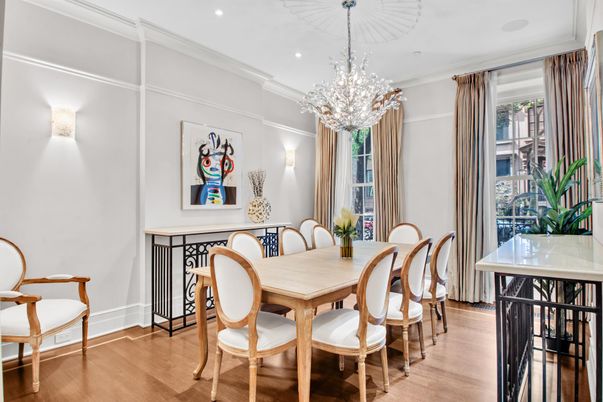 Chandelier, Dining room, Interior, Recessed Lighting, Wood Texture Flooring