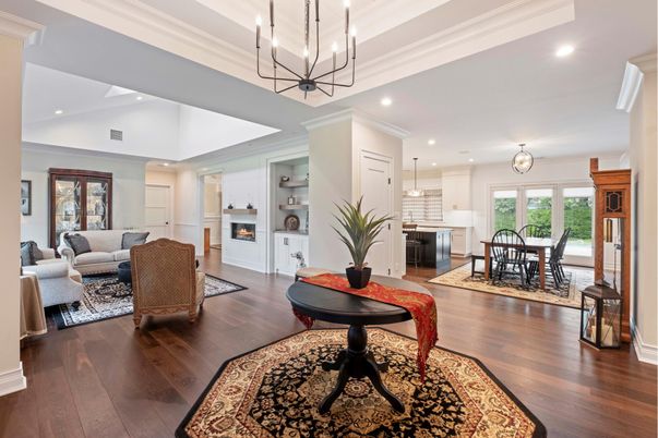 Chandelier, Dining room, Fireplace, Interior, Kitchen, Living room, Pendant Lights, Recessed Lighting, Wood Texture Flooring