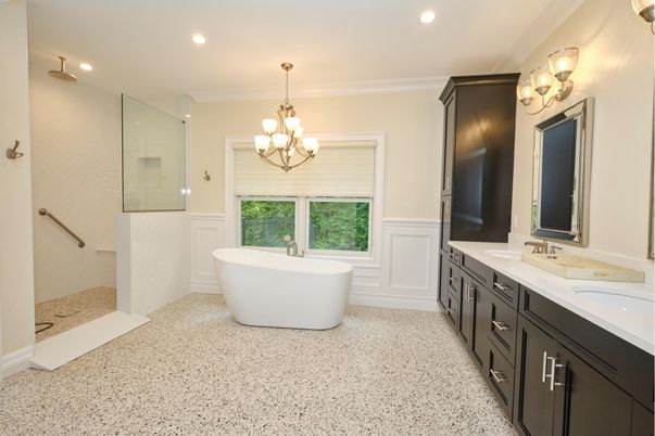 Bathroom, Chandelier, Dual Sink Vanities, Free Standing Baths, Interior, Recessed Lighting