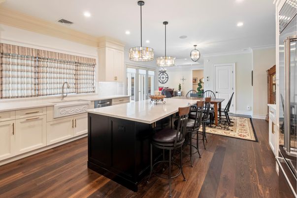 Dining room, Interior, Kitchen, Pendant Lights, Recessed Lighting, Stainless Steel Appliances, Wood Texture Flooring