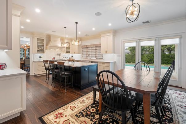 Dining room, Interior, Kitchen, Pendant Lights, Recessed Lighting, Wood Texture Flooring