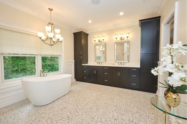 Bathroom, Chandelier, Dual Sink Vanities, Free Standing Baths, Interior, Recessed Lighting