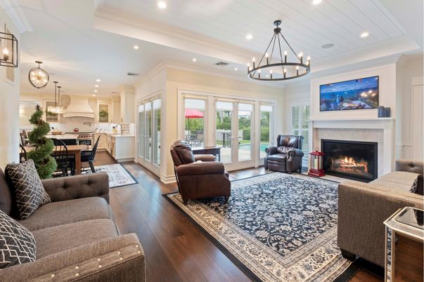 Chandelier, Dining room, Fireplace, Interior, Kitchen, Living room, Pendant Lights, Recessed Lighting, Wood Texture Flooring