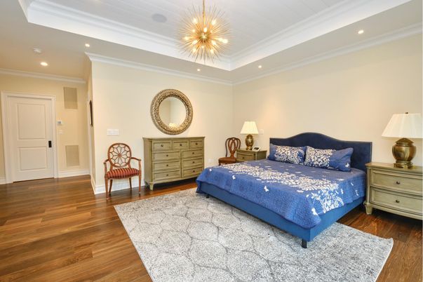 Bedroom, Interior, Pendant Lights, Recessed Lighting, Wood Texture Flooring