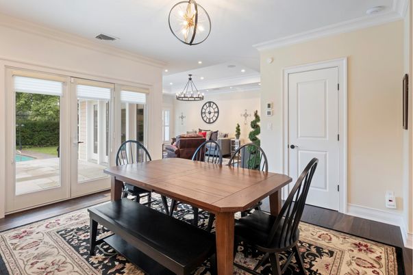 Dining room, Interior, Pendant Lights, Recessed Lighting, Wood Texture Flooring