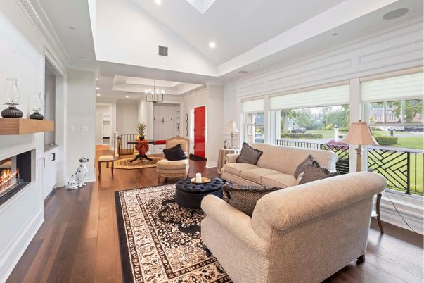 Chandelier, Fireplace, Interior, Living room, Recessed Lighting, Wood Texture Flooring