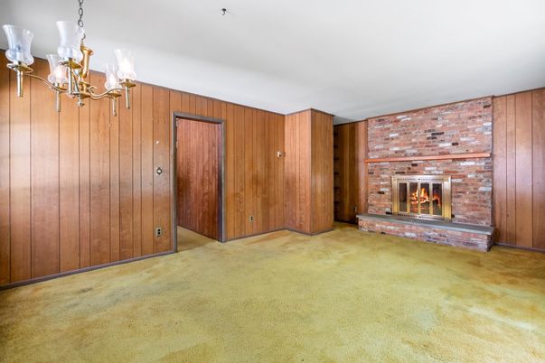 Chandelier, Empty room, Fireplace, Interior, Stone Walls, Wooden Walls