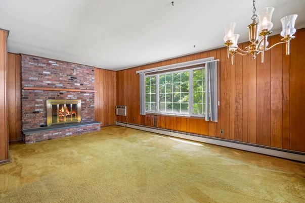 Chandelier, Empty room, Fireplace, Interior, Stone Walls, Wooden Walls