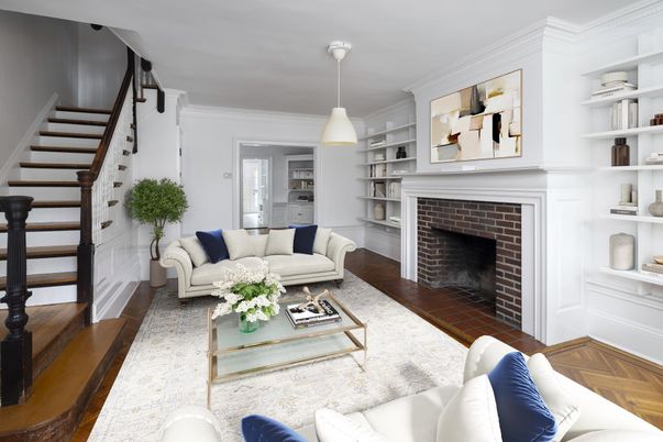 Fireplace, Interior, Living room, Pendant Lights, Wood Texture Flooring