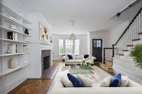 Fireplace, Interior, Living room, Pendant Lights, Wood Texture Flooring