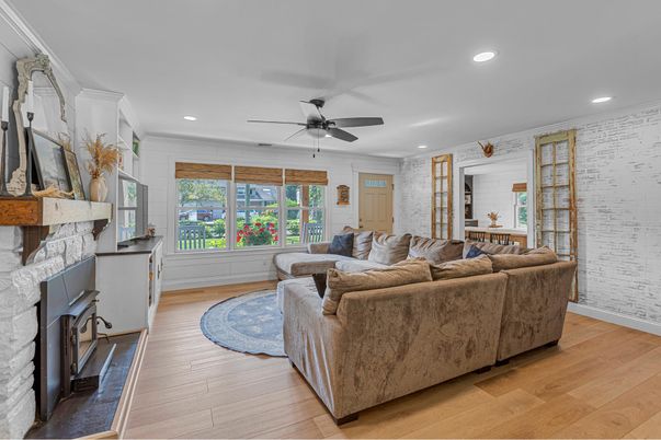 Fireplace, Interior, Living room, Recessed Lighting, Wood Texture Flooring