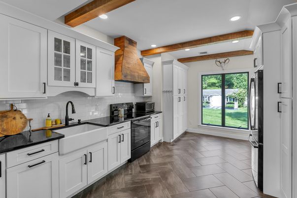 Interior, Kitchen, Recessed Lighting, Stainless Steel Appliances, Wooden Beams, Wood Texture Flooring