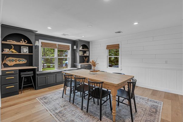 Dining room, Interior, Recessed Lighting, Wood Texture Flooring