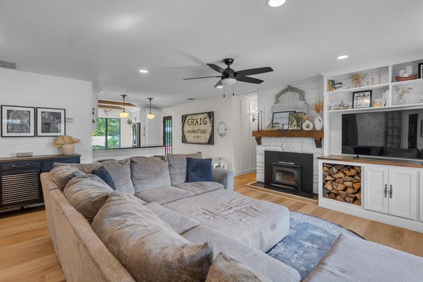 Fireplace, Interior, Living room, Recessed Lighting, Wood Texture Flooring