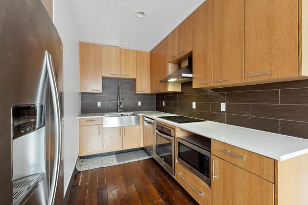 Interior, Kitchen, Recessed Lighting, Stainless Steel Appliances, Wood Texture Flooring