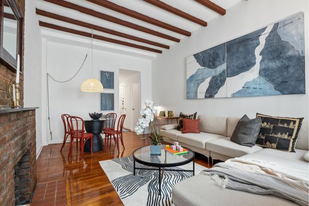 Dining room, Interior, Living room, Pendant Lights, Stone Walls, Wooden Beams, Wood Texture Flooring