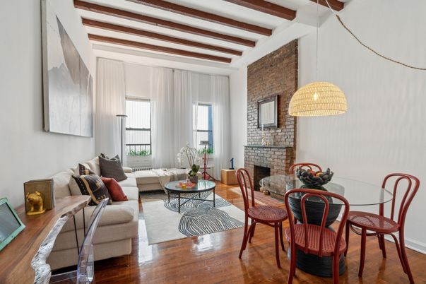 Dining room, Fireplace, Interior, Living room, Pendant Lights, Stone Walls, Wooden Beams, Wood Texture Flooring