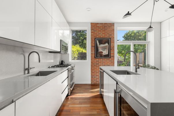 Interior, Kitchen, Pendant Lights, Recessed Lighting, Stainless Steel Appliances, Stone Walls, Wood Texture Flooring