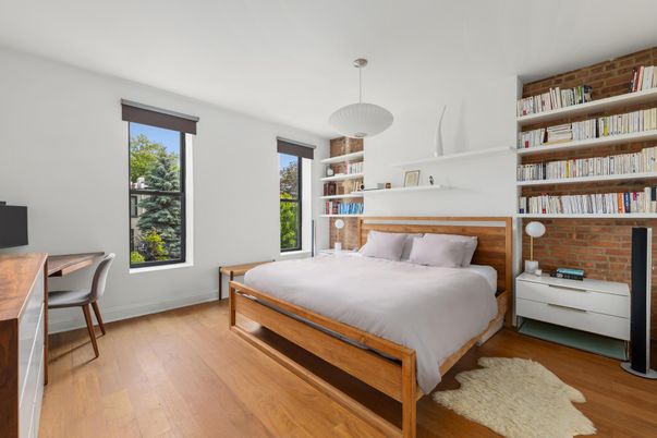 Bedroom, Home Office, Interior, Pendant Lights, Stone Walls, Wood Texture Flooring