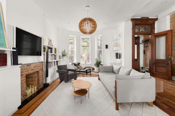 Fireplace, Interior, Living room, Pendant Lights, Wood Texture Flooring