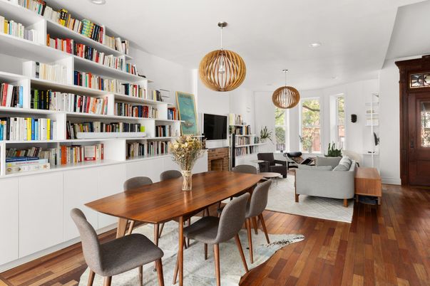 Dining room, Interior, Living room, Pendant Lights, Recessed Lighting, Wood Texture Flooring