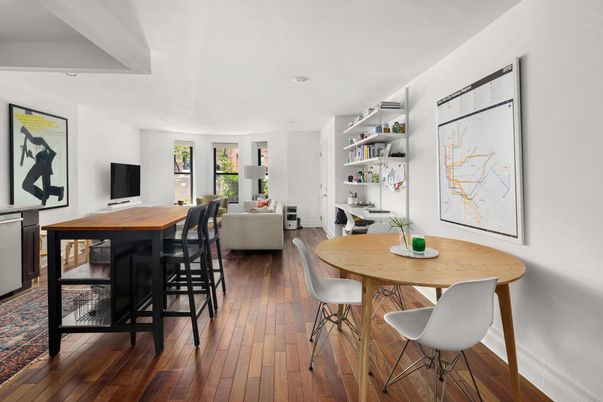 Dining room, Interior, Living room, Recessed Lighting, Wood Texture Flooring