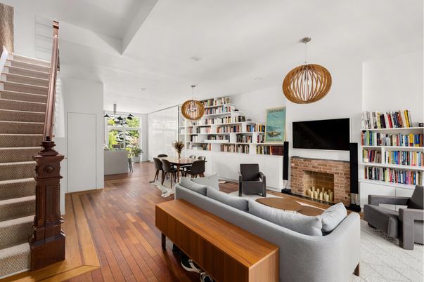 Dining room, Fireplace, Interior, Living room, Pendant Lights, Recessed Lighting, Wood Texture Flooring