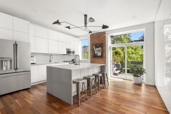 Interior, Kitchen, Recessed Lighting, Stone Walls, Wood Texture Flooring