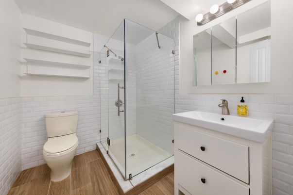 Bathroom, Glass Shower, Interior, Wood Texture Flooring