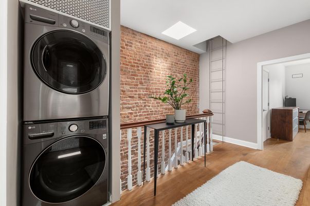 Interior, Stone Walls, Utility Closets, Washer, Wood Texture Flooring