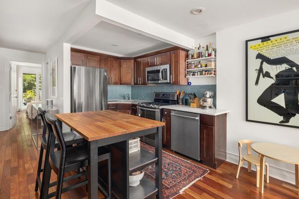 Dining room, Interior, Kitchen, Recessed Lighting, Stainless Steel Appliances, Wood Texture Flooring