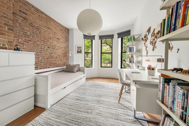 Home Office, Interior, Pendant Lights, Stone Walls, Wood Texture Flooring