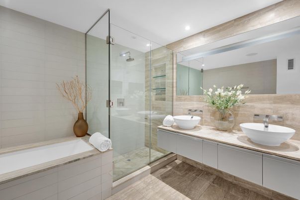 Bathroom, Dual Sink Vanities, Glass Shower, Interior, Recessed Lighting