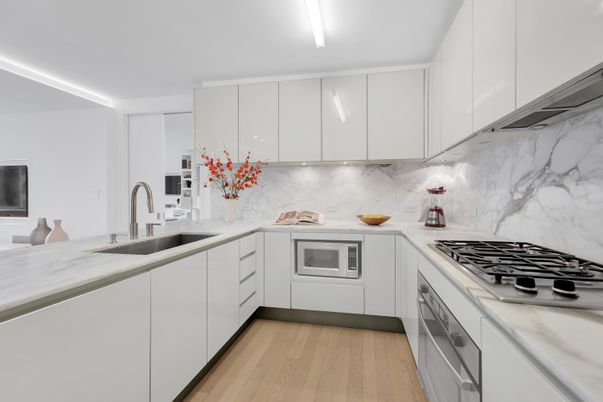 Interior, Kitchen, Marble Walls, Stainless Steel Appliances, Wood Texture Flooring