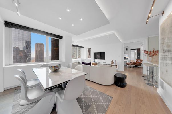 Dining room, Interior, Living room, Recessed Lighting, Wood Texture Flooring