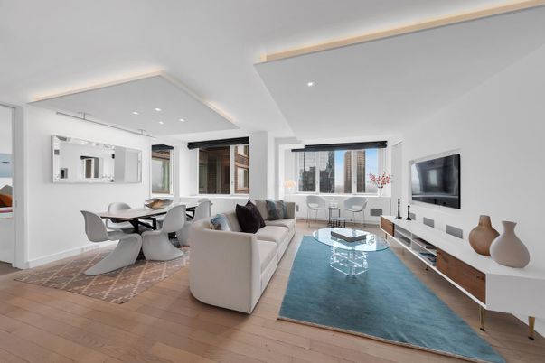 Dining room, Interior, Living room, Recessed Lighting, Wood Texture Flooring