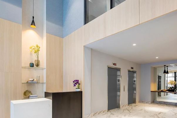 Elevator, Interior, Marble, Pendant Lights, Recessed Lighting